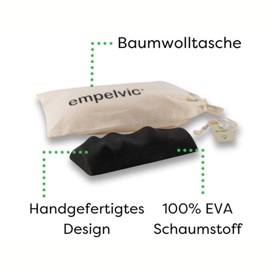 Empelvic Beckenbodentrainer-Kissen aus schwarzem, handgefertigtem 100% EVA-Schaumstoff mit beigefarbener Baumwolltasche mit Zugband